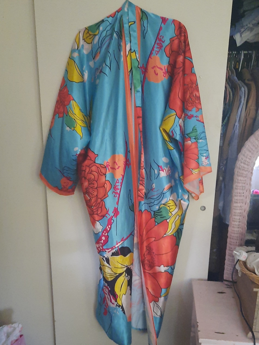 Vibrant Floral Silky Kimono - Aqua & Coral